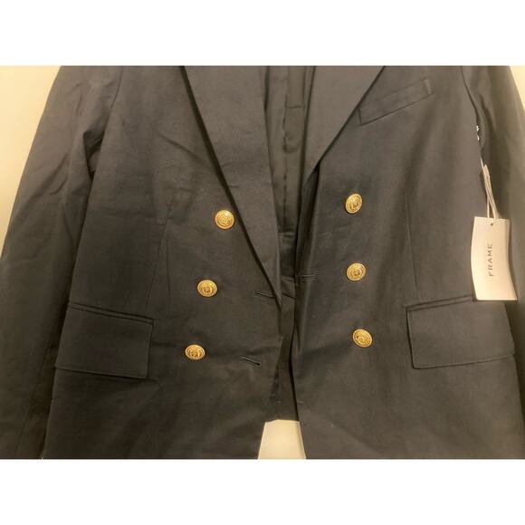 Frame Double Breasted Crop Blazer Jacket Sz 6 Navy NWT Linen Blend gold Nautical - Picture 8 of 12